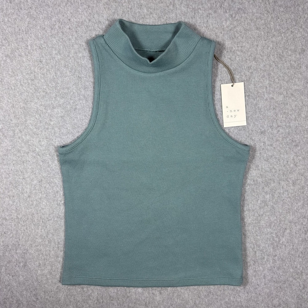 A New Day Womens Ribbed Mock Neck Sleeveless Top Blue Teal Small NWT